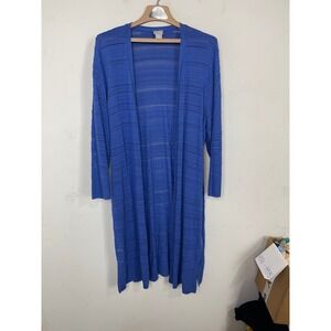 Chicos Blue Pointelle Knit Longline Cardigan Duster Size 3 XL Open Front Rayon